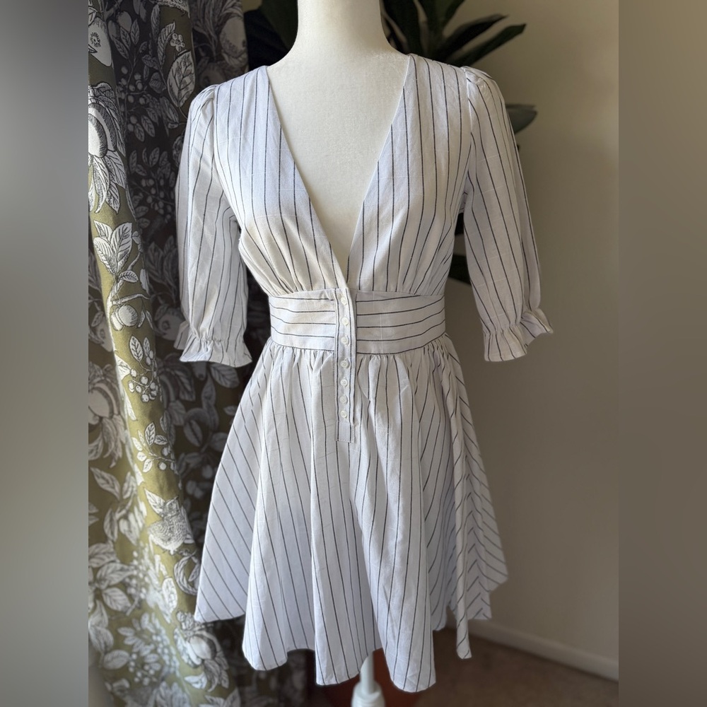 NWT re:named White Mini Dress with Black Pinstripes